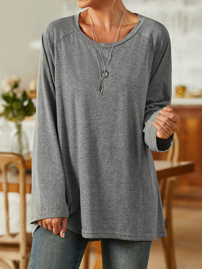 Gray Casual Crew Neck Long Sleeve Solid Soft T-shirt