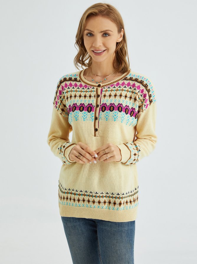 Holiday Geometric Print Round Neck Long Sleeve Casuall Sweater