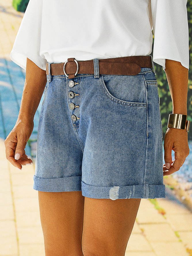 Blue Pockets Casual Cotton-Blend Denim Shorts