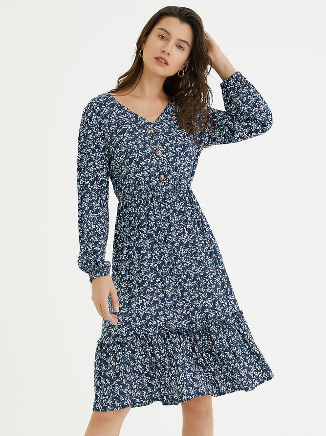 Floral Printed V Neck Long Sleeve Midi Dress&Printed&Date,Holiday