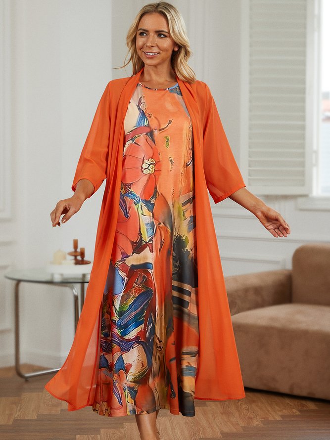 3/4 Sleeves Art Printing Crew Neck Casual Two Piece Maxi Dress With Coat