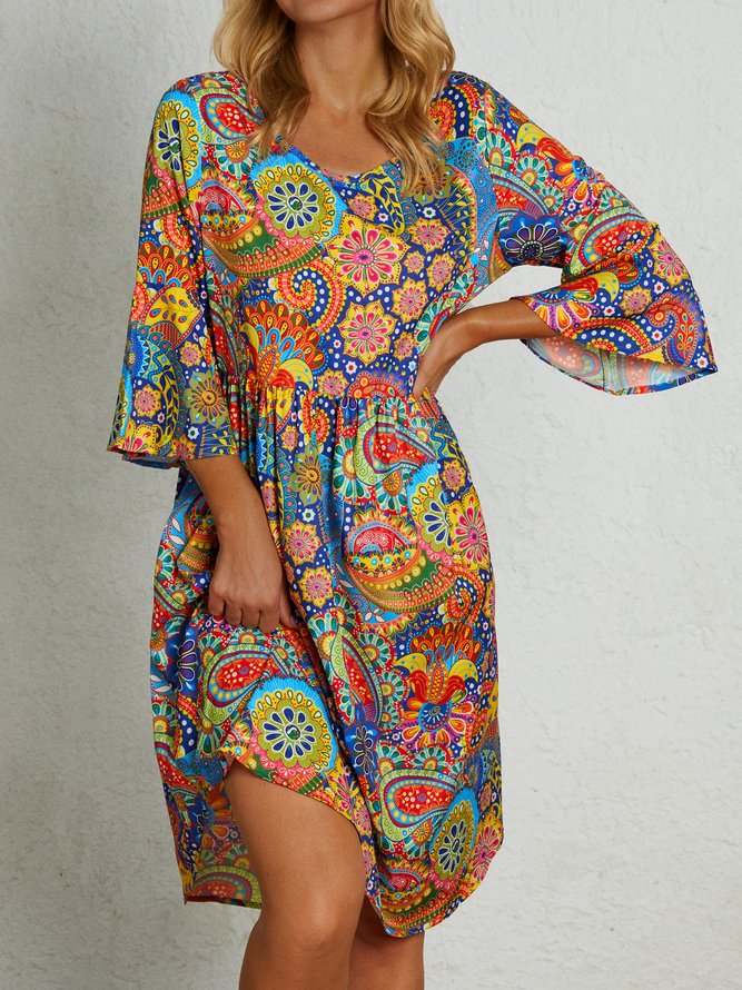  Flare Sleeves Floral Casual Midi Dress