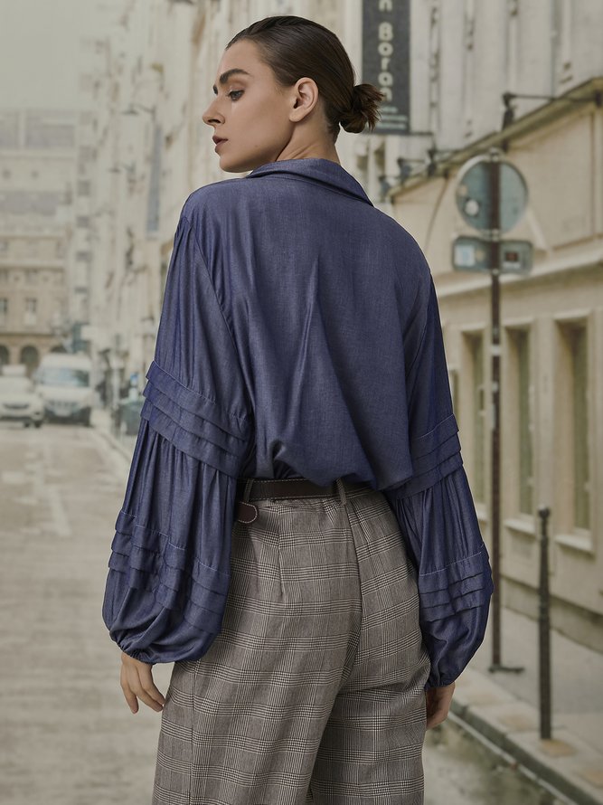 Elegant Pockets Solid Shirt Collar Three Quarter  Blouse
