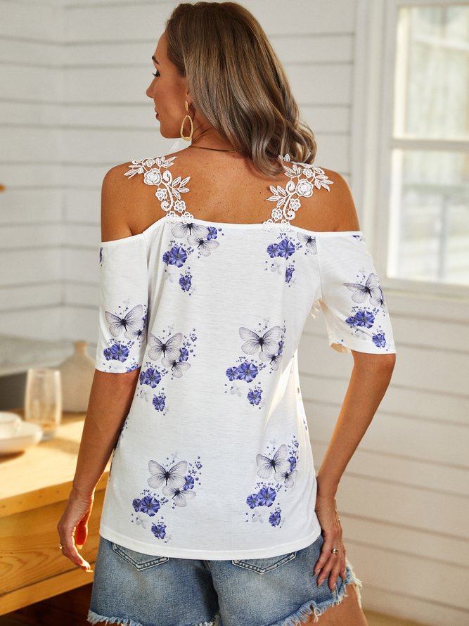 Casual Lace V neck Short Sleeve T-Shirt