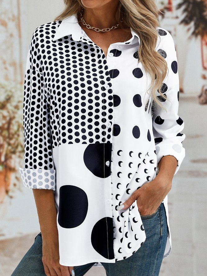 Casual Polka Dots Long Sleeve Shirt Collar Printed Blouses