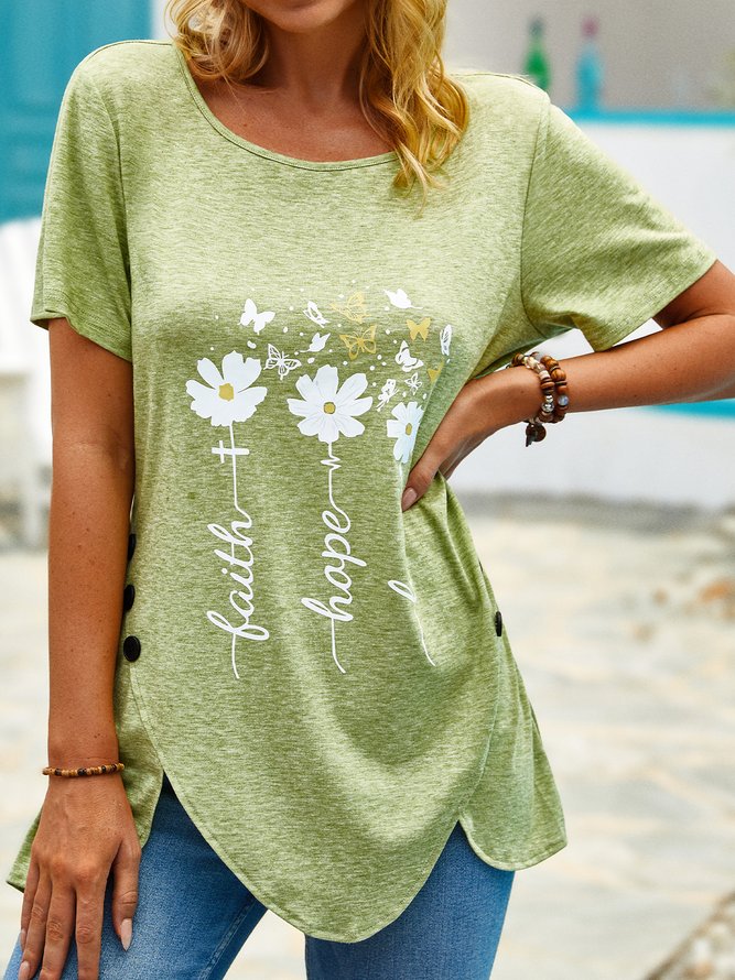 Crew Neck Casual Floral Short Sleeve T-Shirt