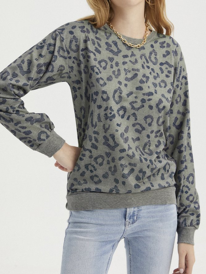 Women Casual Leopard Spring Cotton Mid-weight Work Long sleeve Loose Regular Sweatshirts