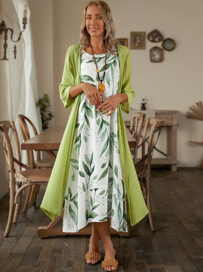 Round Neck Half Sleeve Plant Casual Two Piece Sets