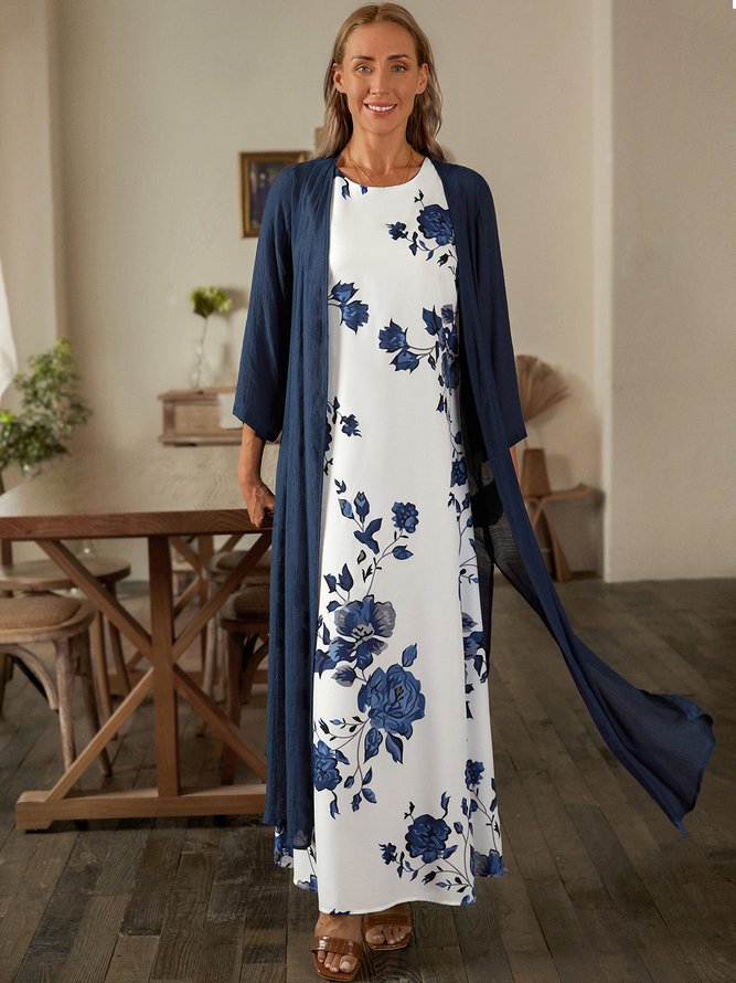 Floral Casual Loosen Long Sleeve Woven Maxi Dress