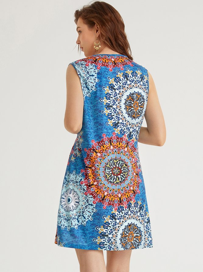 Cotton-Blend Printed Sleeveless Crew Neck Knitting Dress