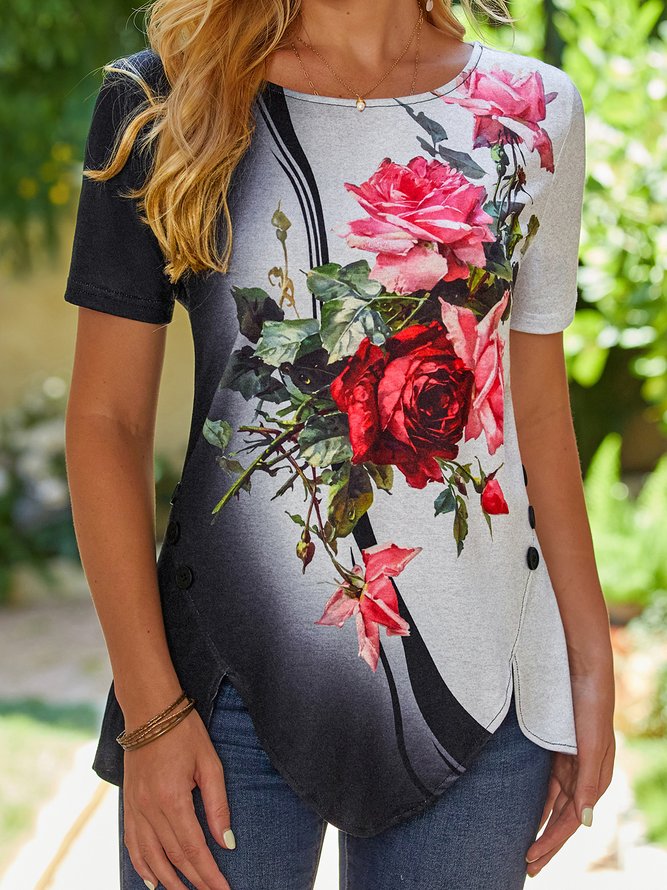 Floral Summer Casual Natural Short sleeve Loose Regular H-Line Regular Tops for Women