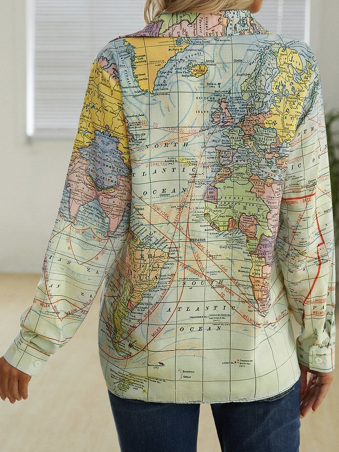 Women Autumn Casual Map Polyester No Elasticity Standard Long sleeve Regular Shirt Collar Blouse