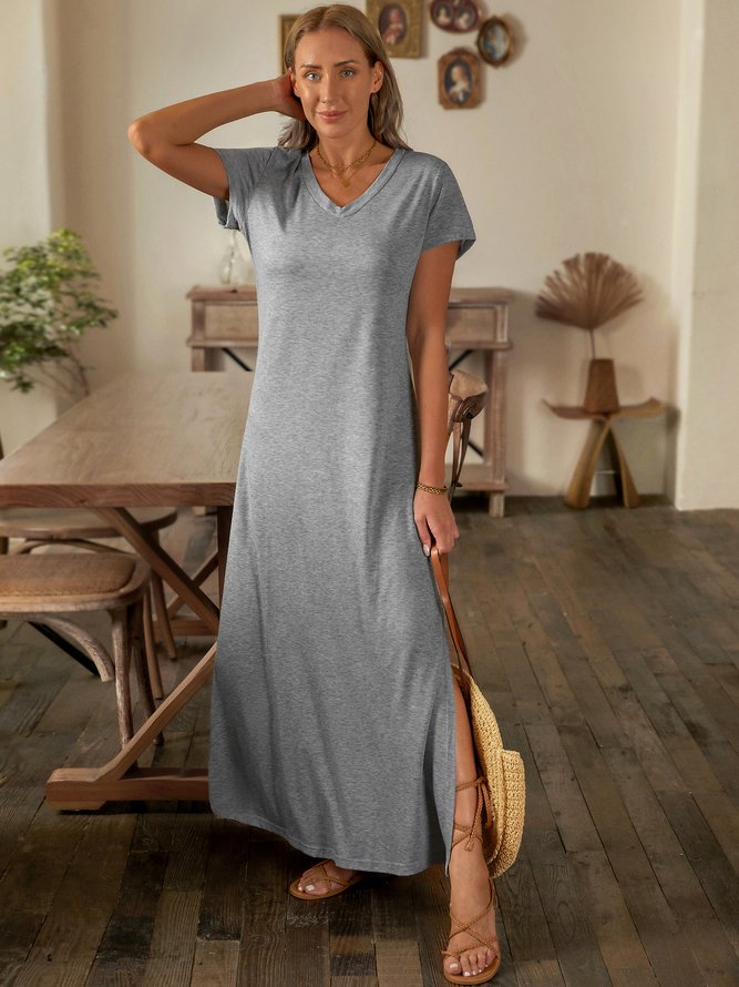 Short Sleeve Cotton-Blend V Neck Knitting Maxi Dress