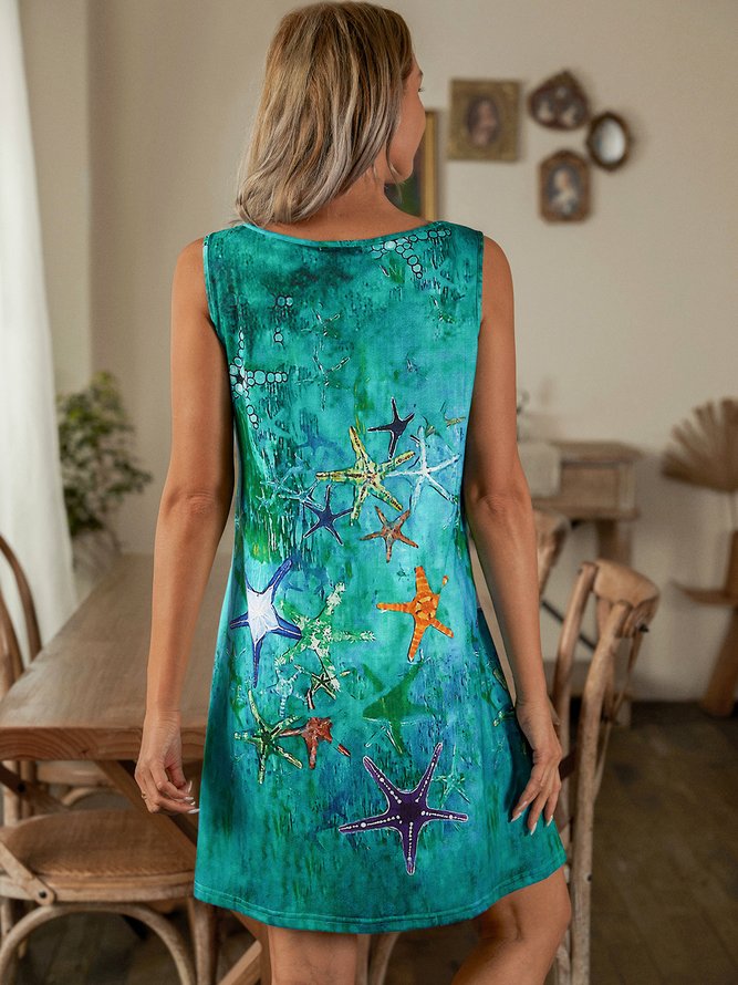 Designer oil painting starfish print Midi dress