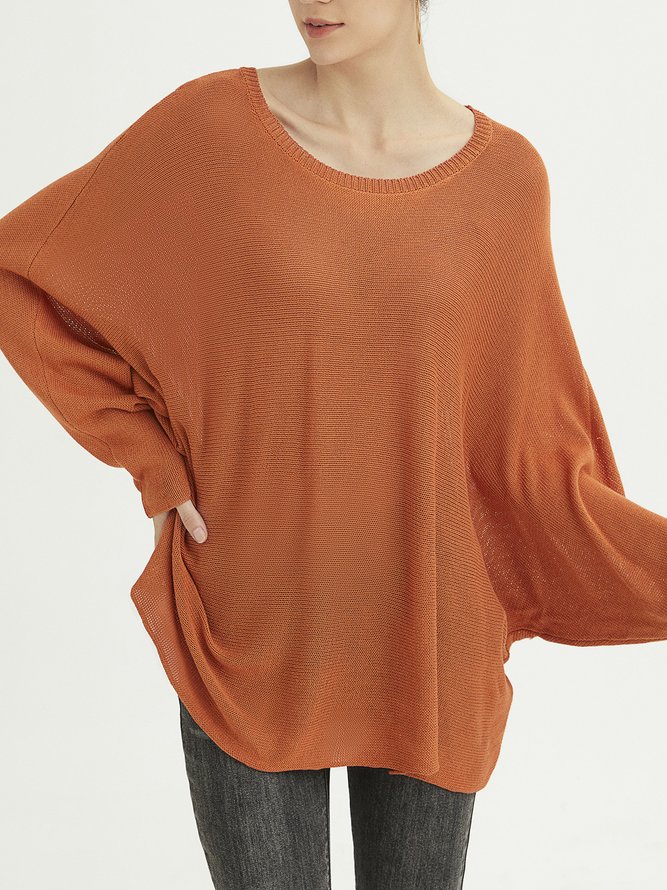 Long Sleeve Round Neck Cotton-Blend Tops