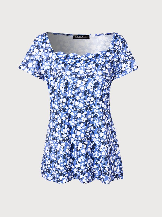 Square Neck Floral Vacation Short Sleeve Top