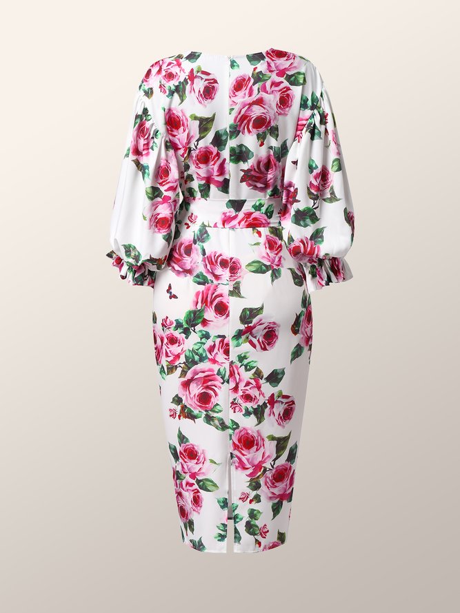 Lantern Sleeve Regular Fit Floral Elegant Midi Dress