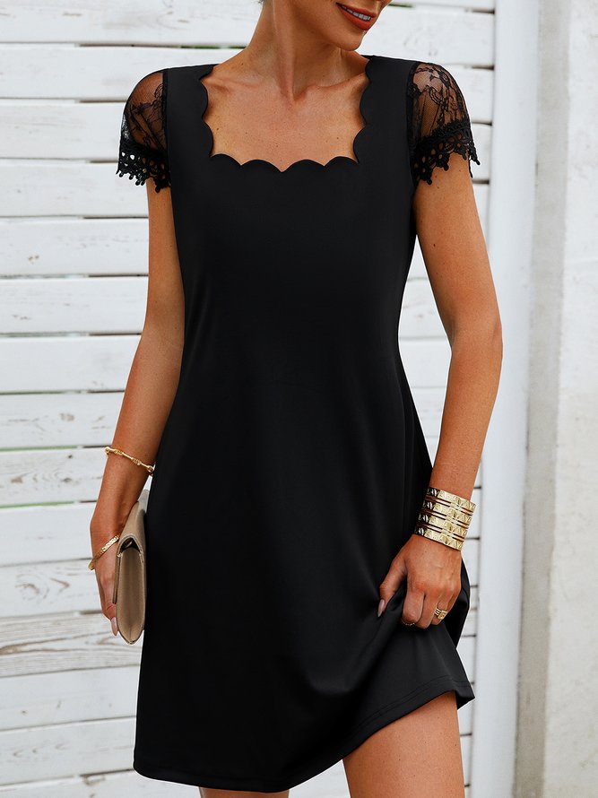 Elegant Regular Fit Plain Lace Short Sleeve Knit Midi Dress