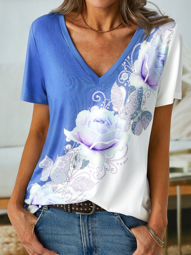 Floral Summer Casual V neck Micro-Elasticity Jersey Short sleeve Regular H-Line T-shirt for Women