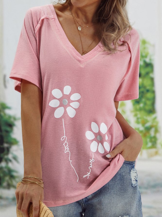 Women Floral Summer Casual V neck Daily Jersey Short sleeve Fit Regular T-shirt