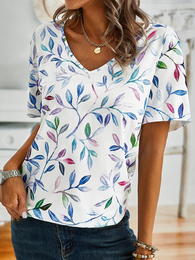 Summer Leaf Casual V neck Daily Jersey Short sleeve Fit H-Line T-shirt for Women