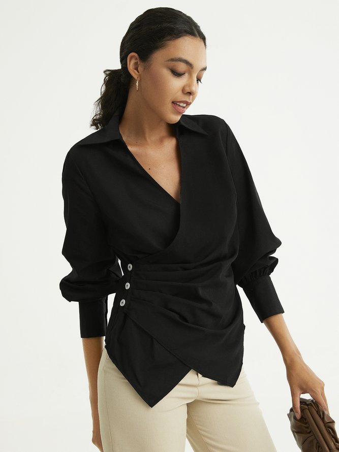 Shirt Collar Plain Elegant Long Sleeve Daily Blouse