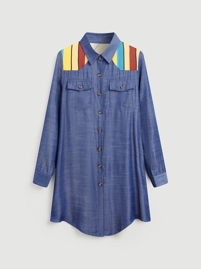Blue Shirt Collar Cotton-Blend Long Sleeve Blouse