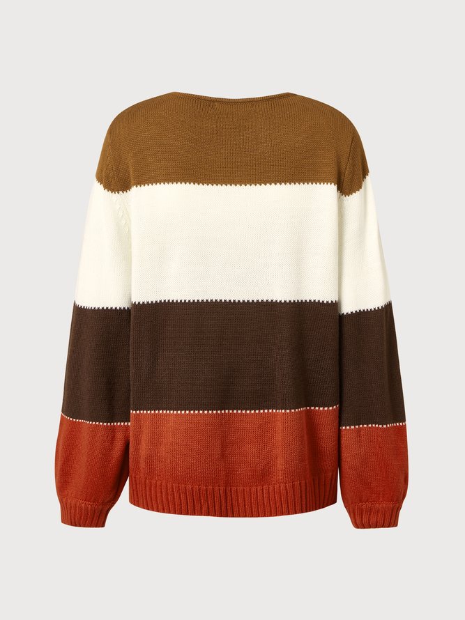 Plus Size Long Sleeve Colorblock Casual Sweater