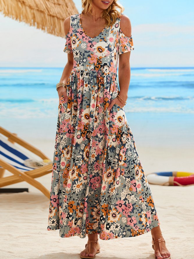 Floral Vacation Short Sleeve Knit Maxi Dress