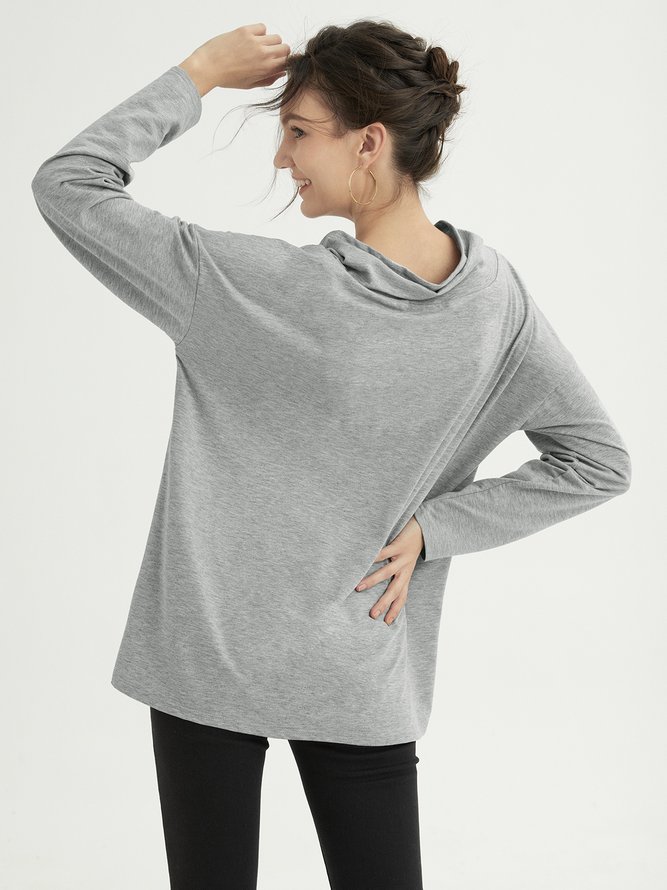 Gray Cowl Neck Cotton-Blend Casual Shirts & Tops