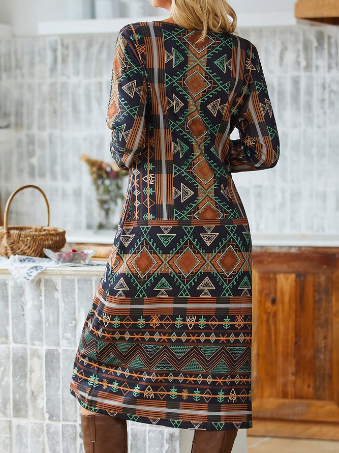 Women's Tribal Geometric Pocket Print Fall V Neck Casual Dress