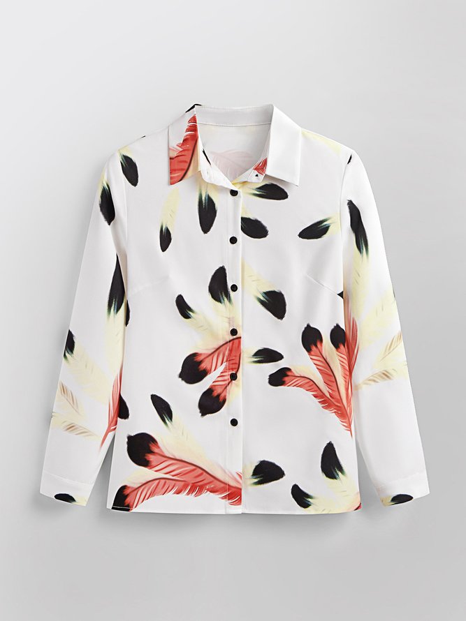 Elegant Feather Pattern Shirt Collar Blouse
