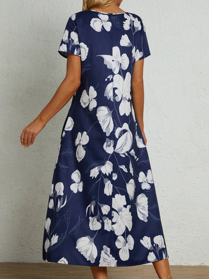 Cotton Blends Floral Loosen Short Sleeve Woven Maxi Dress