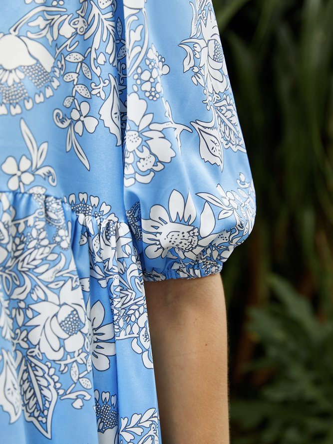 Boho Cotton-Blend Floral Short Sleeve Shift Weaving Dress