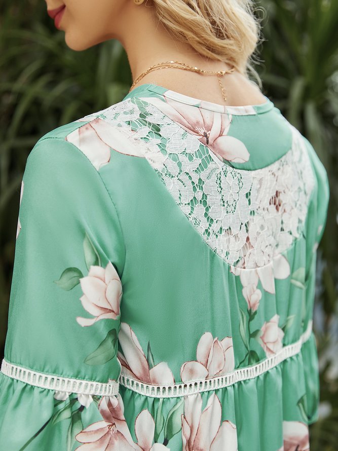 Holiday Floral-print V-Neck Half Sleeve Weaving Midi Dress