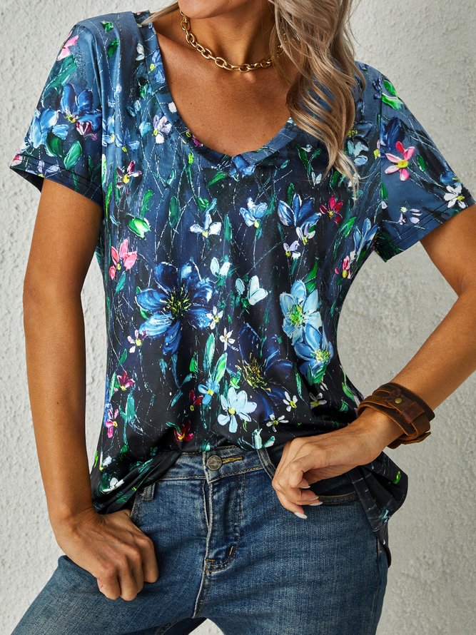 Women Floral Summer Casual V neck Micro-Elasticity Jersey Fit Regular Regular Size T-shirt