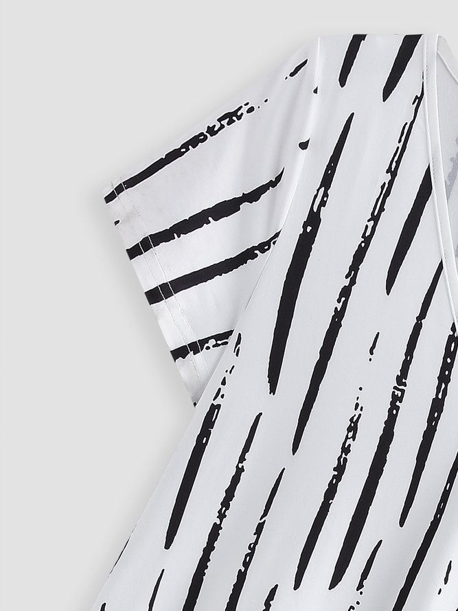 Striped Loosen V Neck Short Sleeve Woven Midi Dress