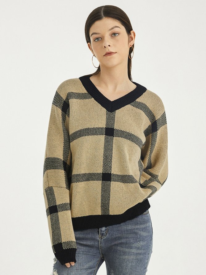 Checked/Plaid Casual V Neck Sweater
