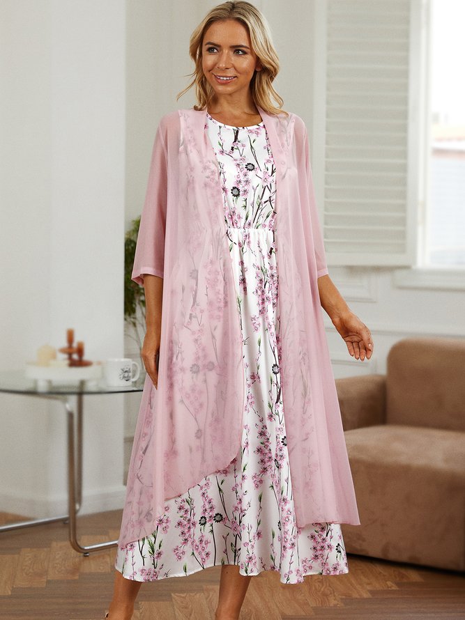 Floral Casual Short Sleeve Woven Maxi Dress With Outerwear
