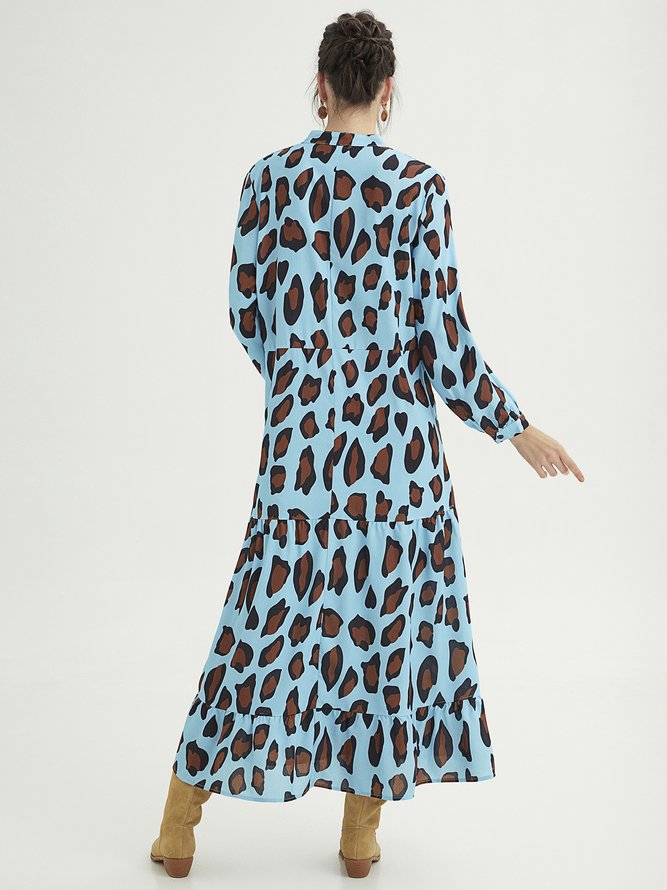 Casual Cotton-Blend Leopard Long Sleeve Weaving Dress
