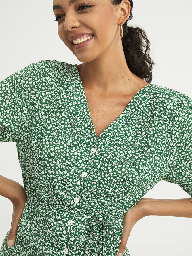 Green Floral V-neck Button Wrap Midi Dress