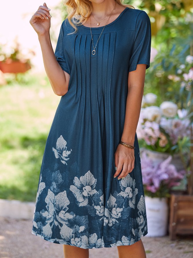 Casual Floral Summer A-line Crew Neck Natural Jersey Loose A-Line Dresses for Women