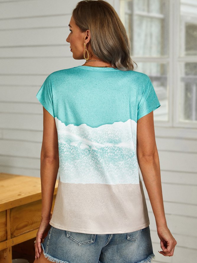 Abstract Sea Color Block Printed Vacation Casual Loosen Crew Neck Short Sleeve T-Shirt