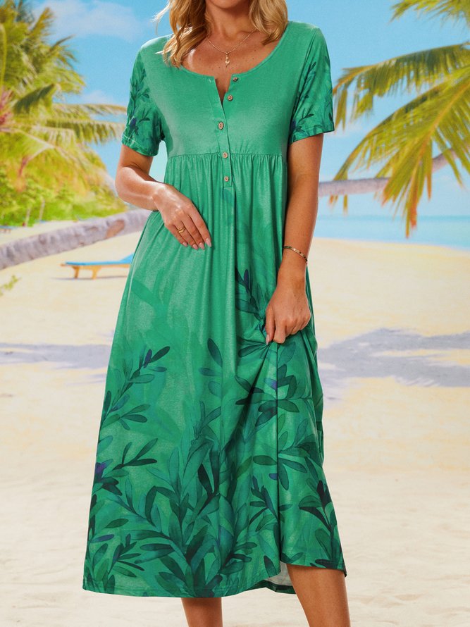 Gradient branches and leaves half open button pocket a hem long dress