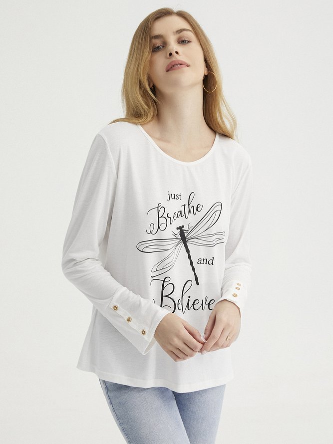 Women Casual Text Letters Autumn Buttoned Micro-Elasticity Daily Jersey Crew Neck H-Line T-shirt
