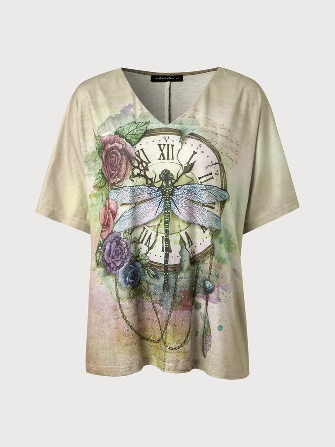 Women Casual Summer Dragonfly V neck Mid-weight High Elasticity Daily Short sleeve H-Line T-shirt