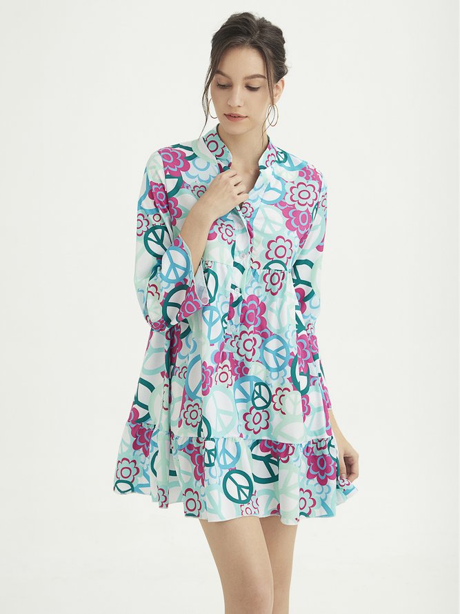 V Neck Buttoned Down Abstracy Printed Weaving Dress