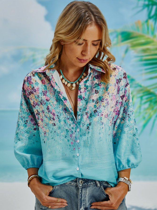 3/4 Sleeve Floral Plus Size Casual Shirt Tops