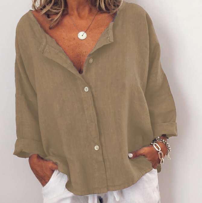 Casual Solid V Neck  Long Sleeve Buttoned Tops