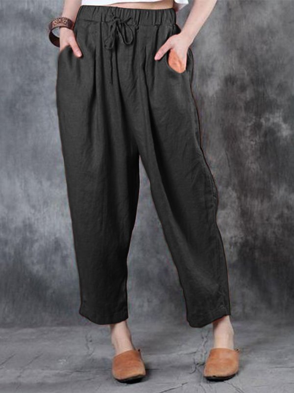 Casual Cotton Linen Solid Plus Size Pants